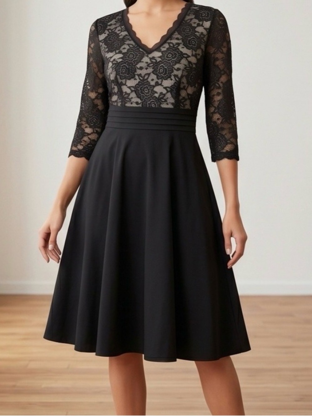 Black Lace V-Neck Midi Dress with Pleated Waist